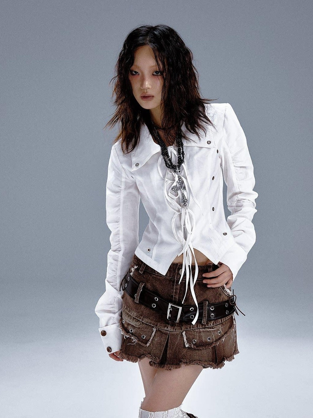 Frustration Garden Original Slim Ruched Tie Cutout Cropped Blazer Collar Women White Blouses