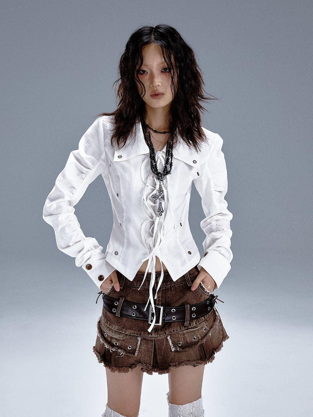 Frustration Garden Original Slim Ruched Tie Cutout Cropped Blazer Collar Women White Blouses
