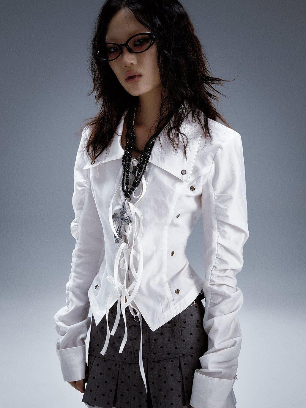 Frustration Garden Original Slim Ruched Tie Cutout Cropped Blazer Collar Women White Blouses