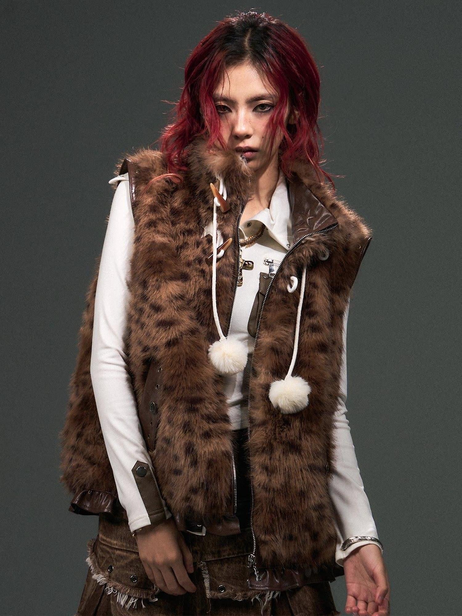 Frustration Garden Original Warm Loose Fit Leopard Print Zip Stand Collar Frill Trim Vests