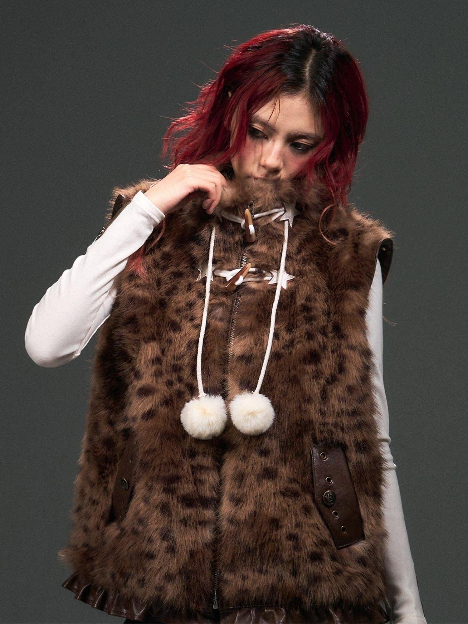 Frustration Garden Original Warm Loose Fit Leopard Print Zip Stand Collar Frill Trim Vests