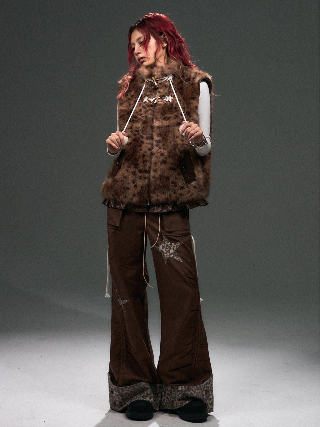 Frustration Garden Original Warm Loose Fit Leopard Print Zip Stand Collar Frill Trim Vests