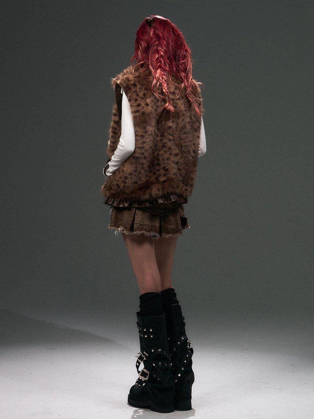 Frustration Garden Original Warm Loose Fit Leopard Print Zip Stand Collar Frill Trim Vests