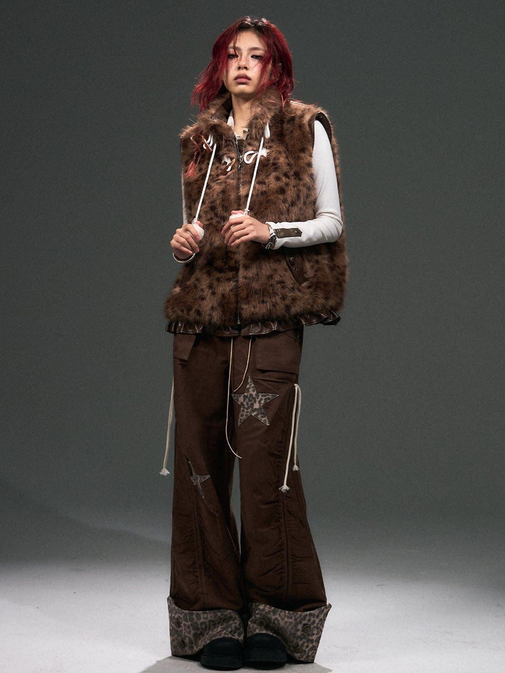 Frustration Garden Original Warm Loose Fit Leopard Print Zip Stand Collar Frill Trim Vests