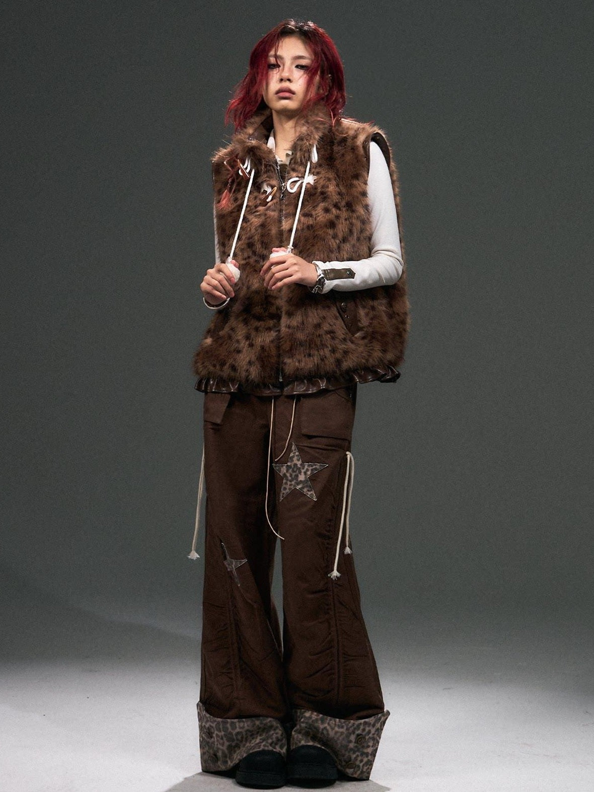 Frustration Garden Original Warm Loose Fit Leopard Print Zip Stand Collar Frill Trim Vests