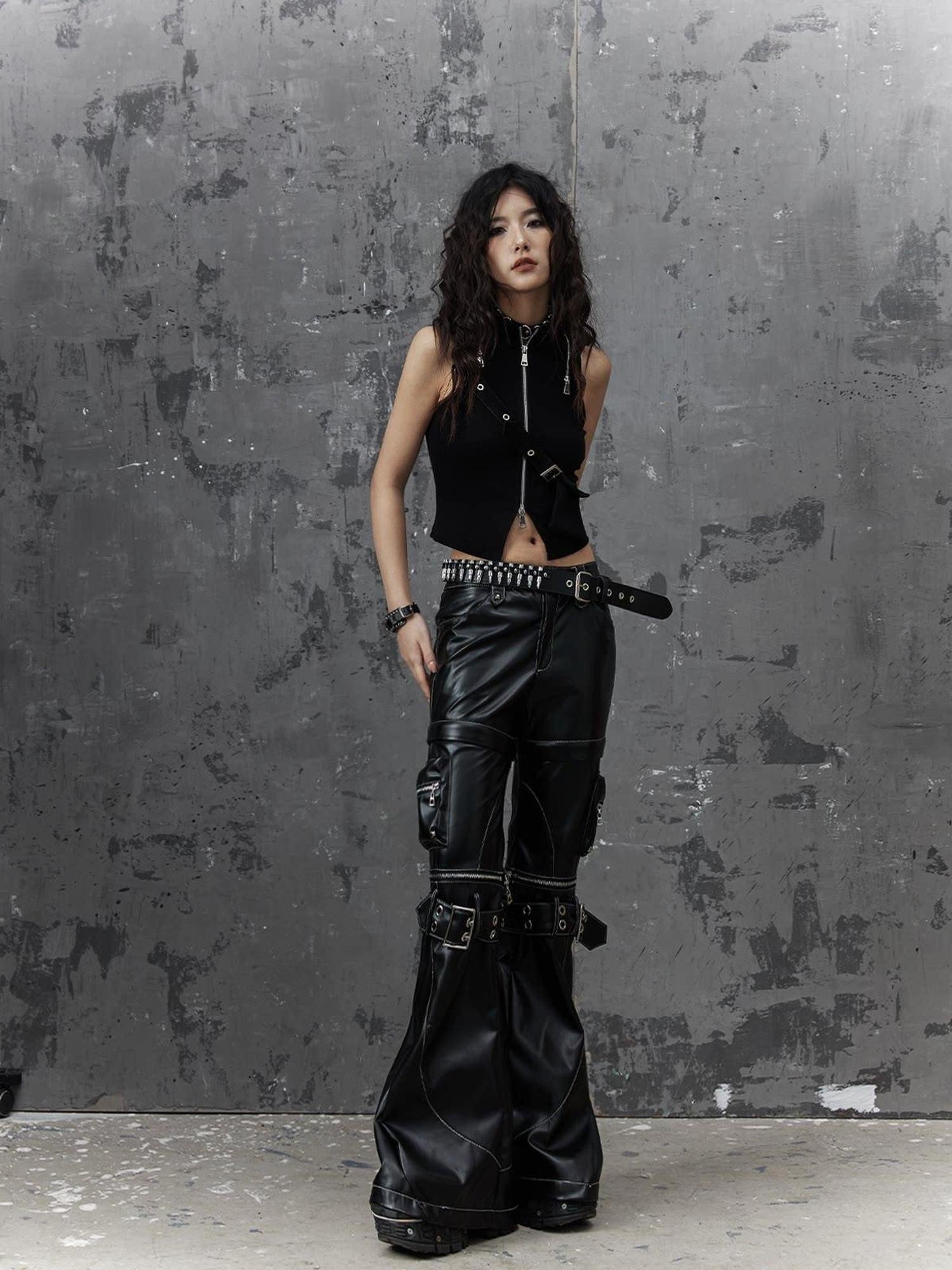 Frustration Garden Original Zipper Detail Micro Flare Natural Waist Women Pu Black Leather Pants