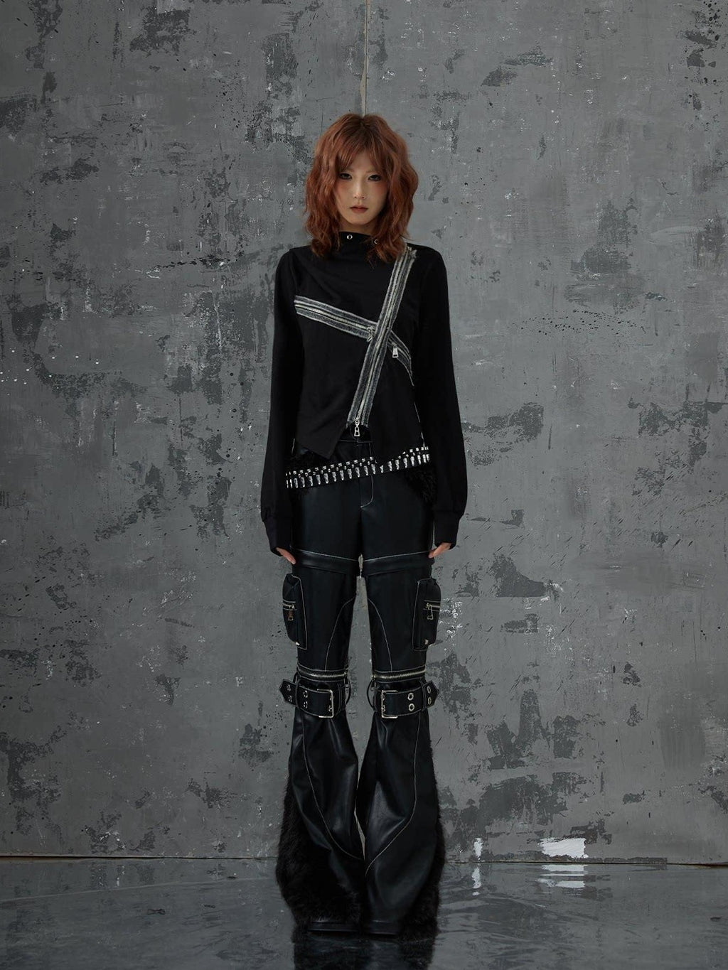 Frustration Garden Original Zipper Detail Micro Flare Natural Waist Women Pu Black Leather Pants