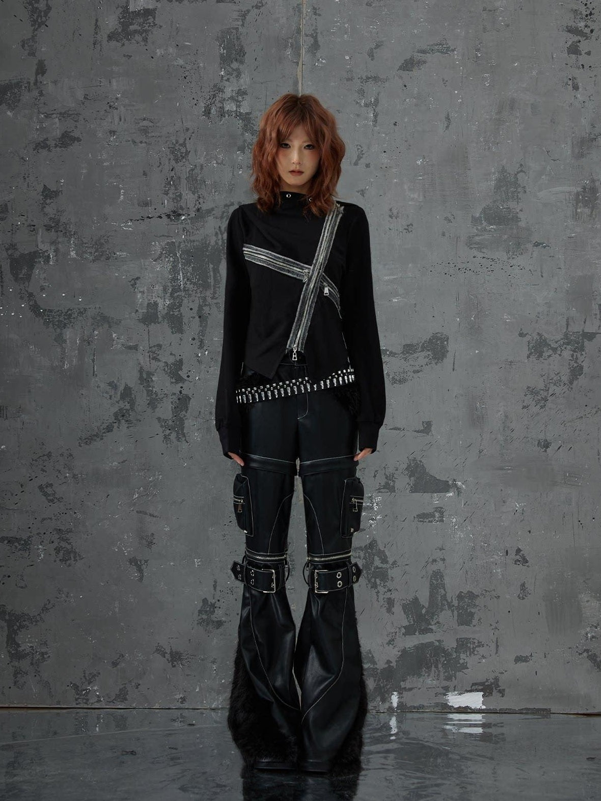 Frustration Garden Original Zipper Detail Micro Flare Natural Waist Women Pu Black Leather Pants