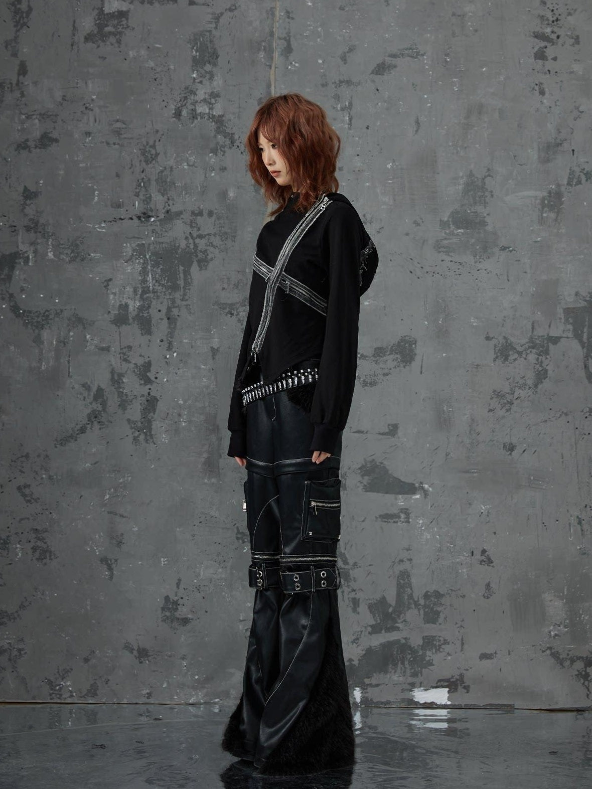 Frustration Garden Original Zipper Detail Micro Flare Natural Waist Women Pu Black Leather Pants