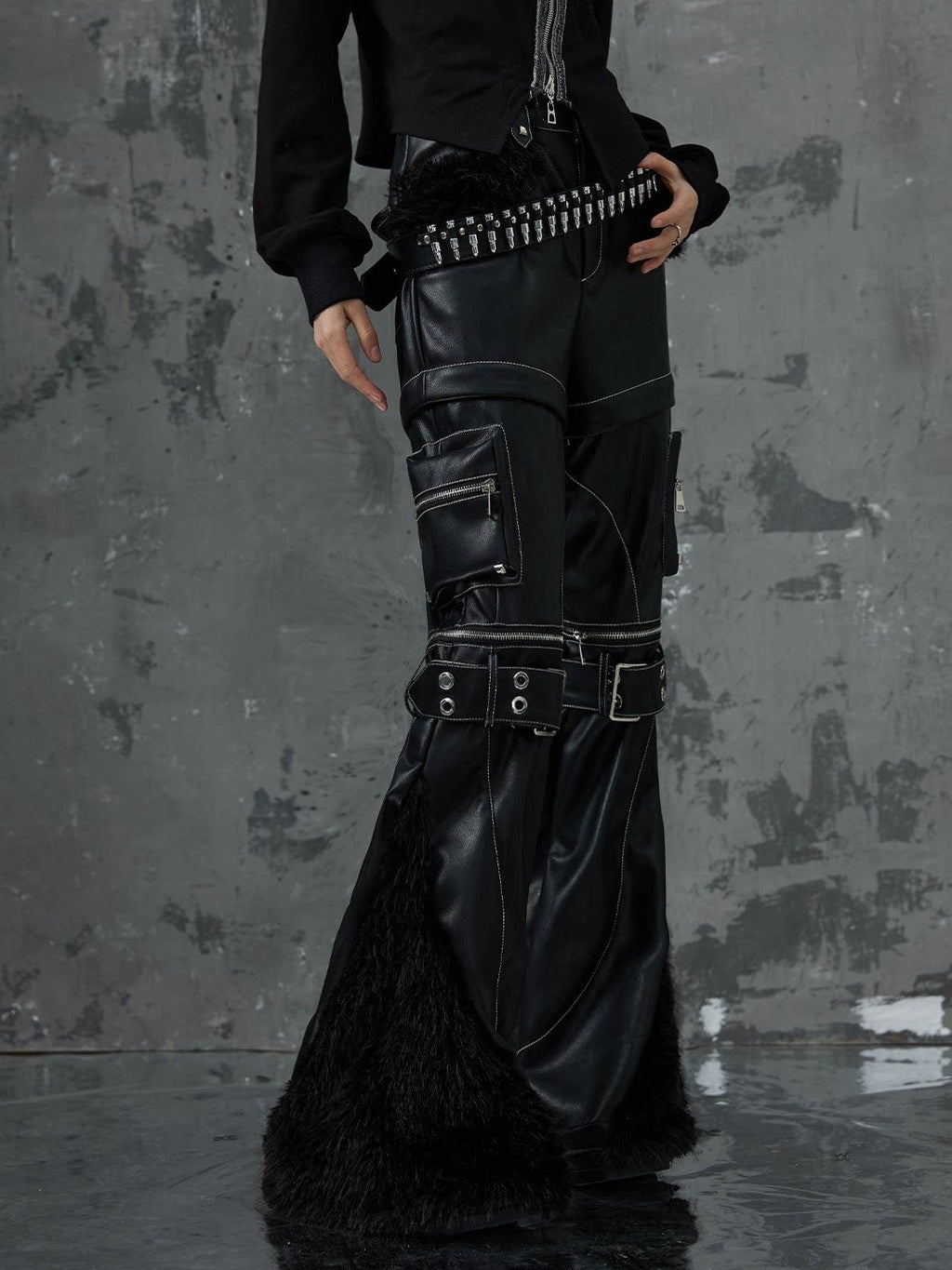 Frustration Garden Original Zipper Detail Micro Flare Natural Waist Women Pu Black Leather Pants