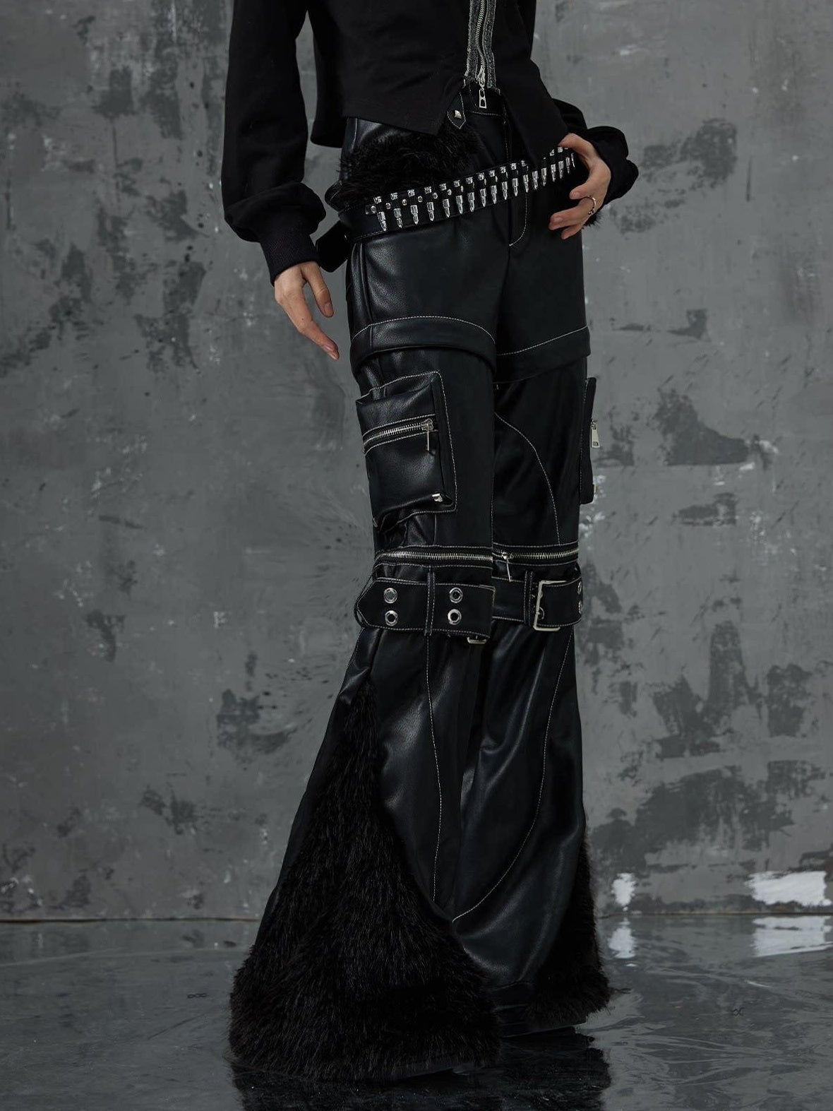 Frustration Garden Original Zipper Detail Micro Flare Natural Waist Women Pu Black Leather Pants