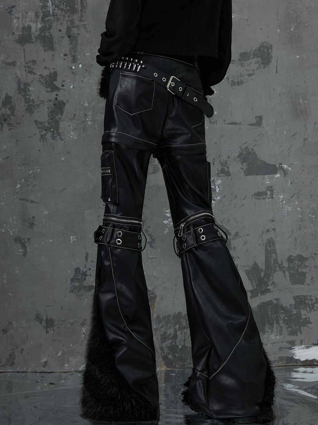 Frustration Garden Original Zipper Detail Micro Flare Natural Waist Women Pu Black Leather Pants