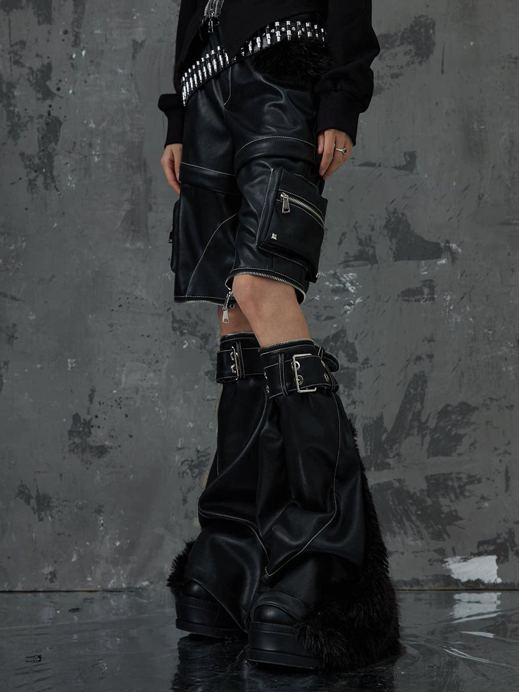 Frustration Garden Original Zipper Detail Micro Flare Natural Waist Women Pu Black Leather Pants