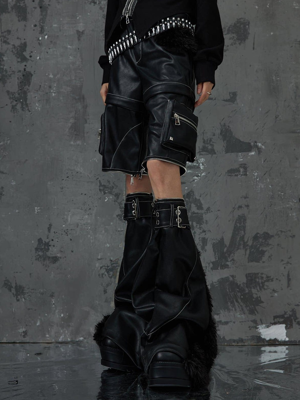 Frustration Garden Original Zipper Detail Micro Flare Natural Waist Women Pu Black Leather Pants