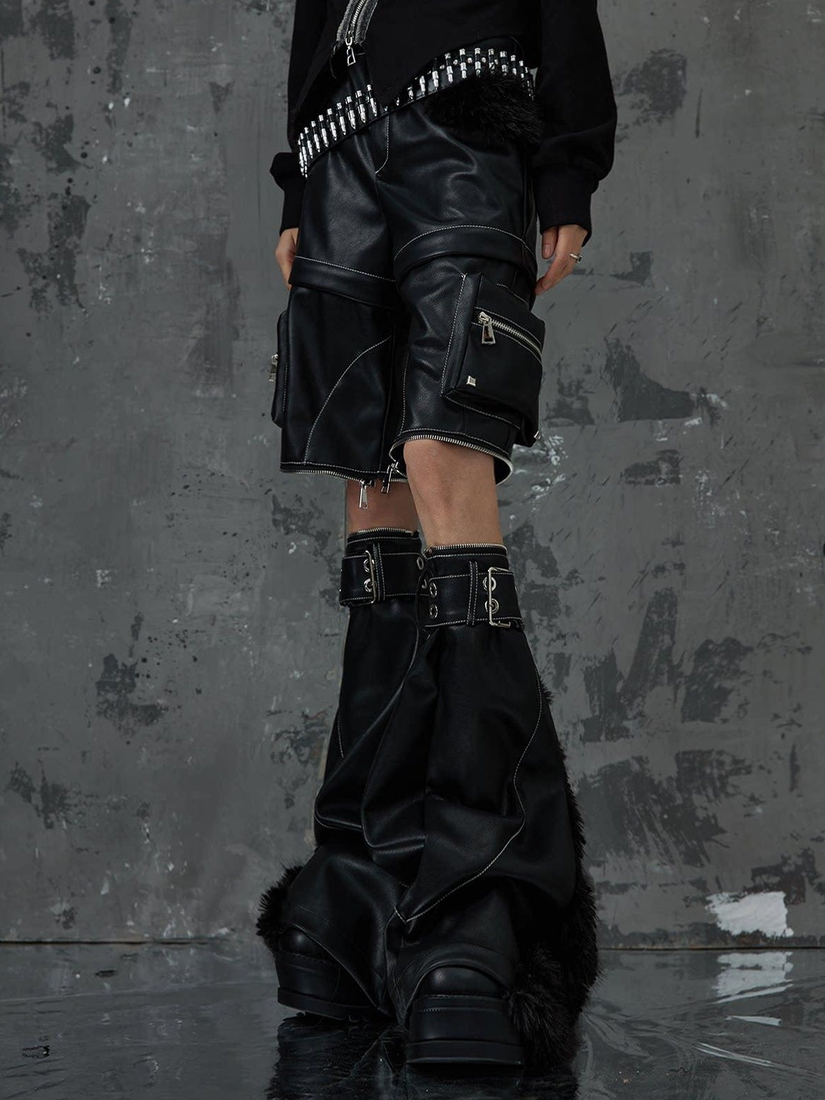 Frustration Garden Original Zipper Detail Micro Flare Natural Waist Women Pu Black Leather Pants