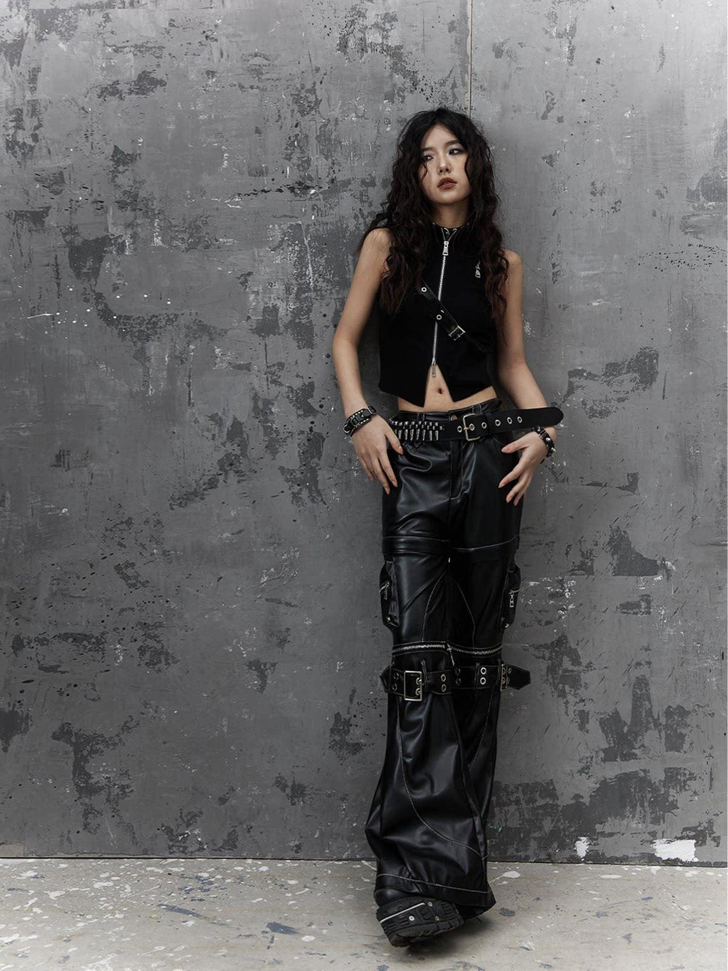 Frustration Garden Original Zipper Detail Micro Flare Natural Waist Women Pu Black Leather Pants