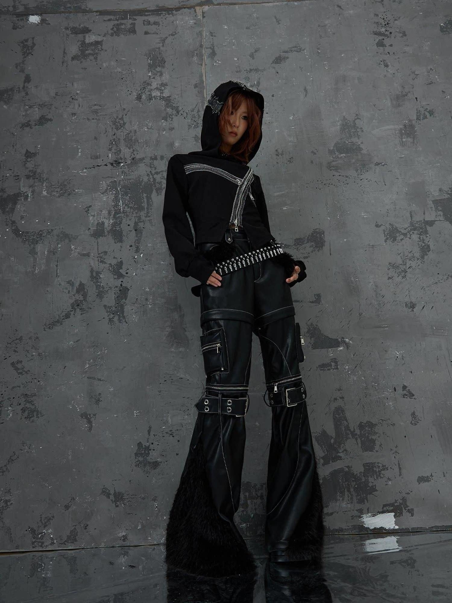 Frustration Garden Original Zipper Detail Micro Flare Natural Waist Women Pu Black Leather Pants