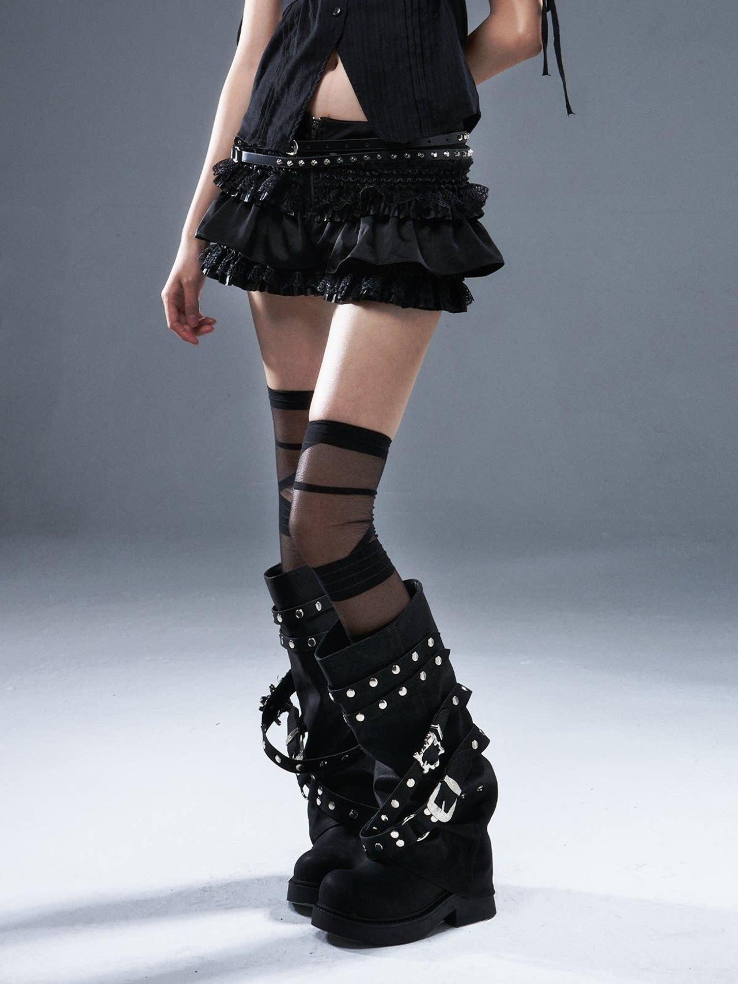 Frustration Garden Original Zipper Low Waist Pleated Skort Women Black Belt Mini Skirts