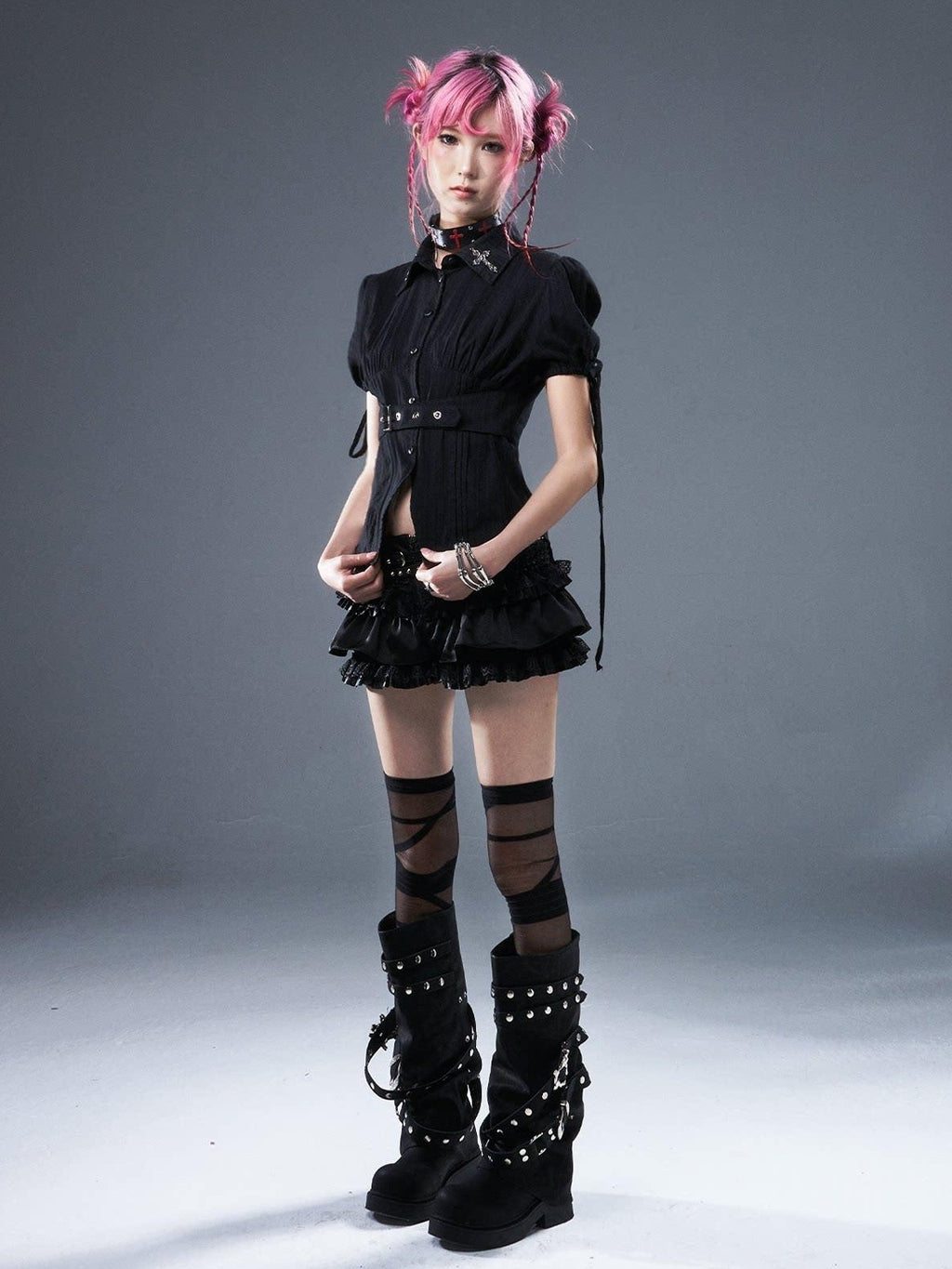 Frustration Garden Original Zipper Low Waist Pleated Skort Women Black Belt Mini Skirts