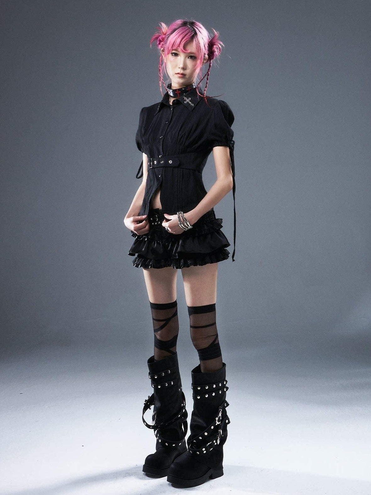Frustration Garden Original Zipper Low Waist Pleated Skort Women Black Belt Mini Skirts