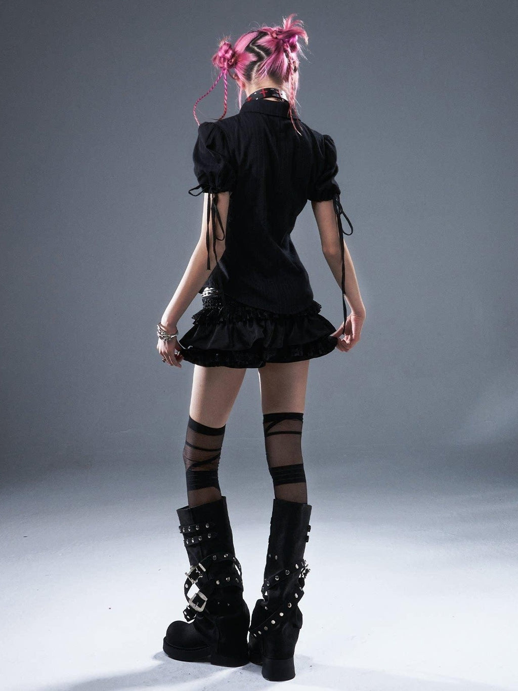 Frustration Garden Original Zipper Low Waist Pleated Skort Women Black Belt Mini Skirts