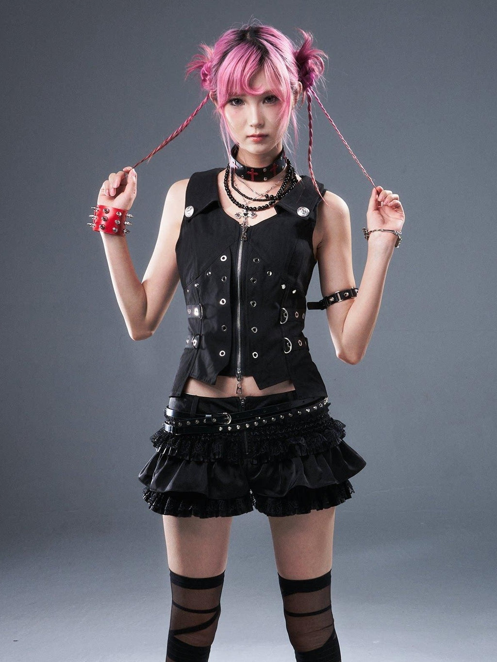 Frustration Garden Original Zipper Low Waist Pleated Skort Women Black Belt Mini Skirts