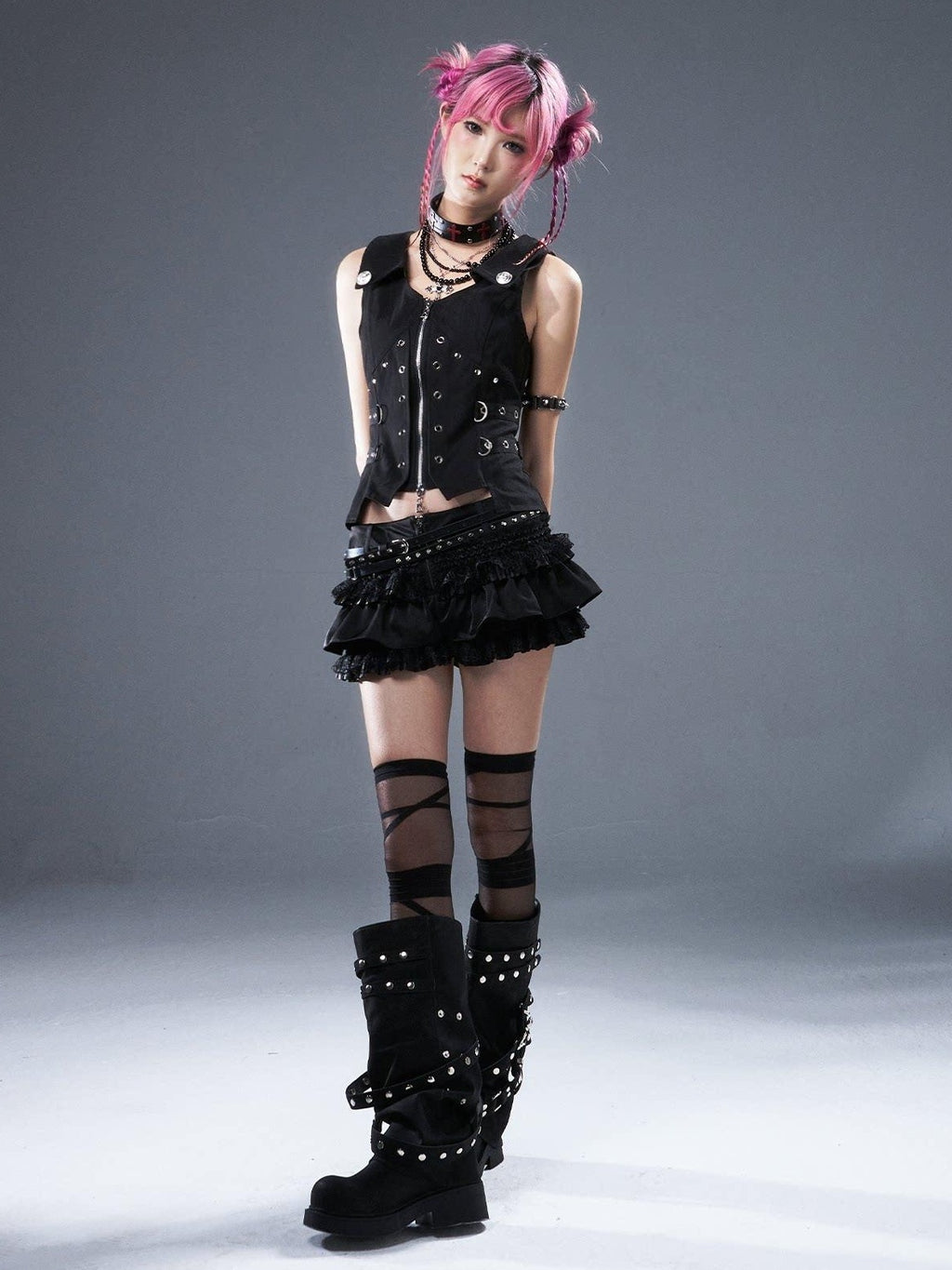 Frustration Garden Original Zipper Low Waist Pleated Skort Women Black Belt Mini Skirts