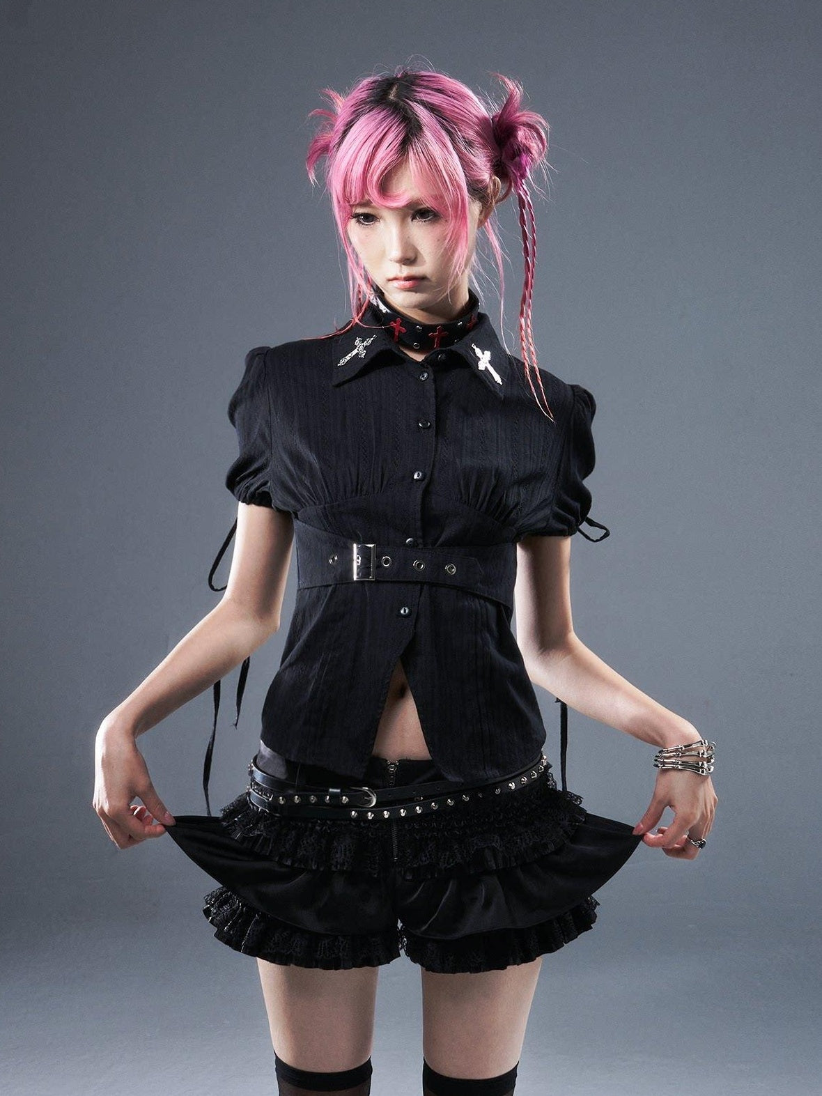 Frustration Garden Original Zipper Low Waist Pleated Skort Women Black Belt Mini Skirts