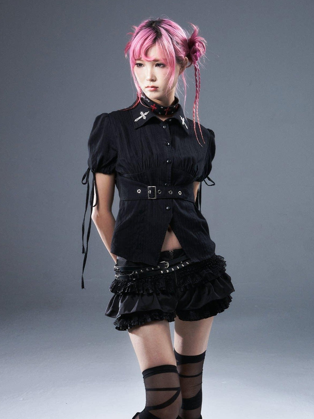 Frustration Garden Original Zipper Low Waist Pleated Skort Women Black Belt Mini Skirts
