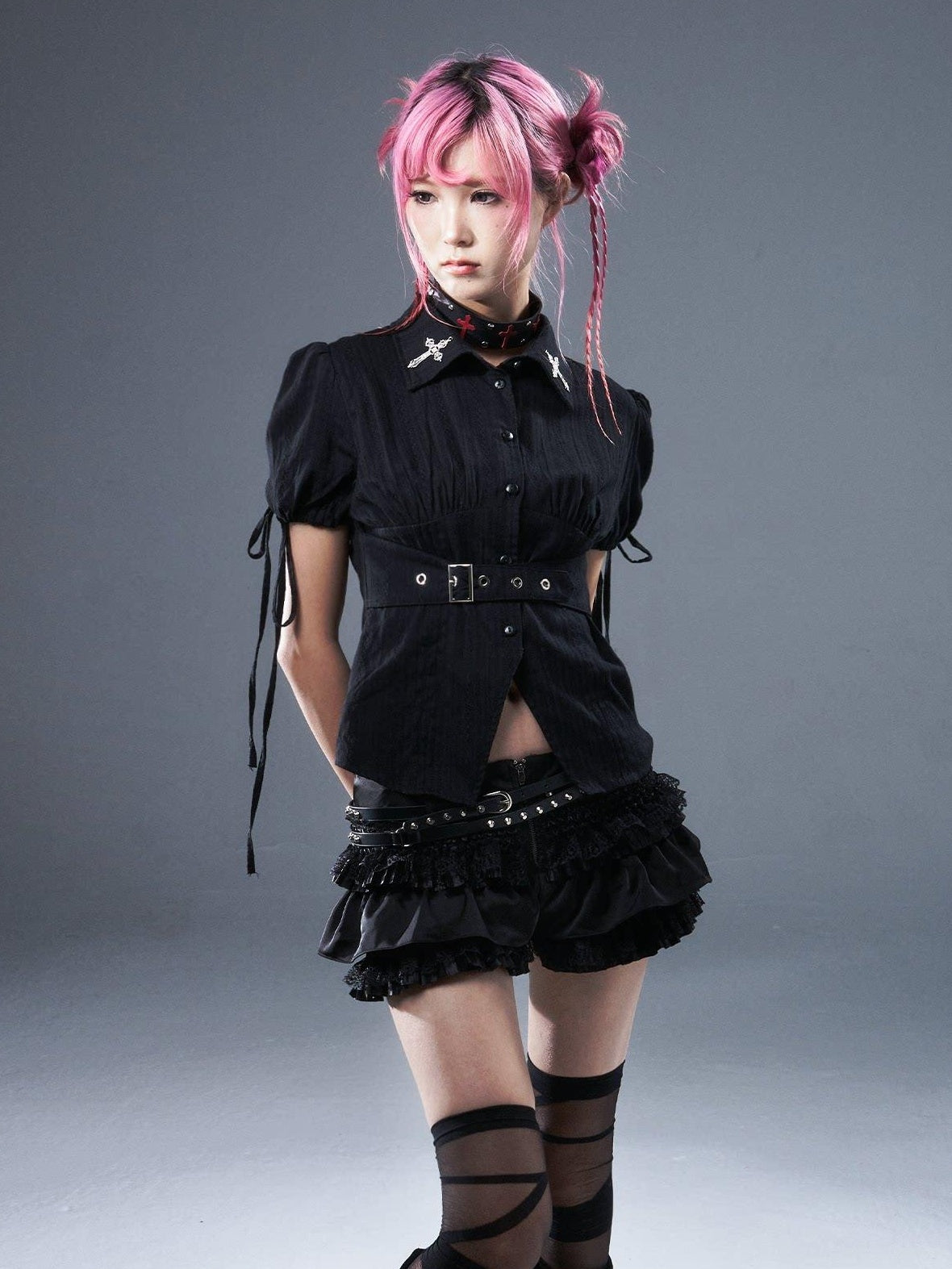 Frustration Garden Original Zipper Low Waist Pleated Skort Women Black Belt Mini Skirts