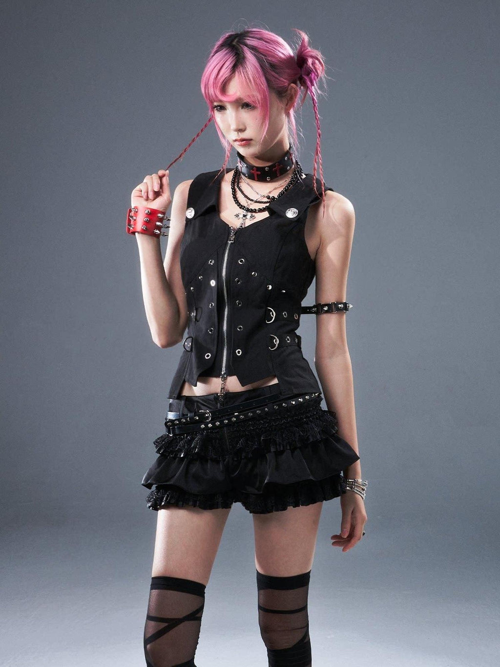 Frustration Garden Original Zipper Low Waist Pleated Skort Women Black Belt Mini Skirts