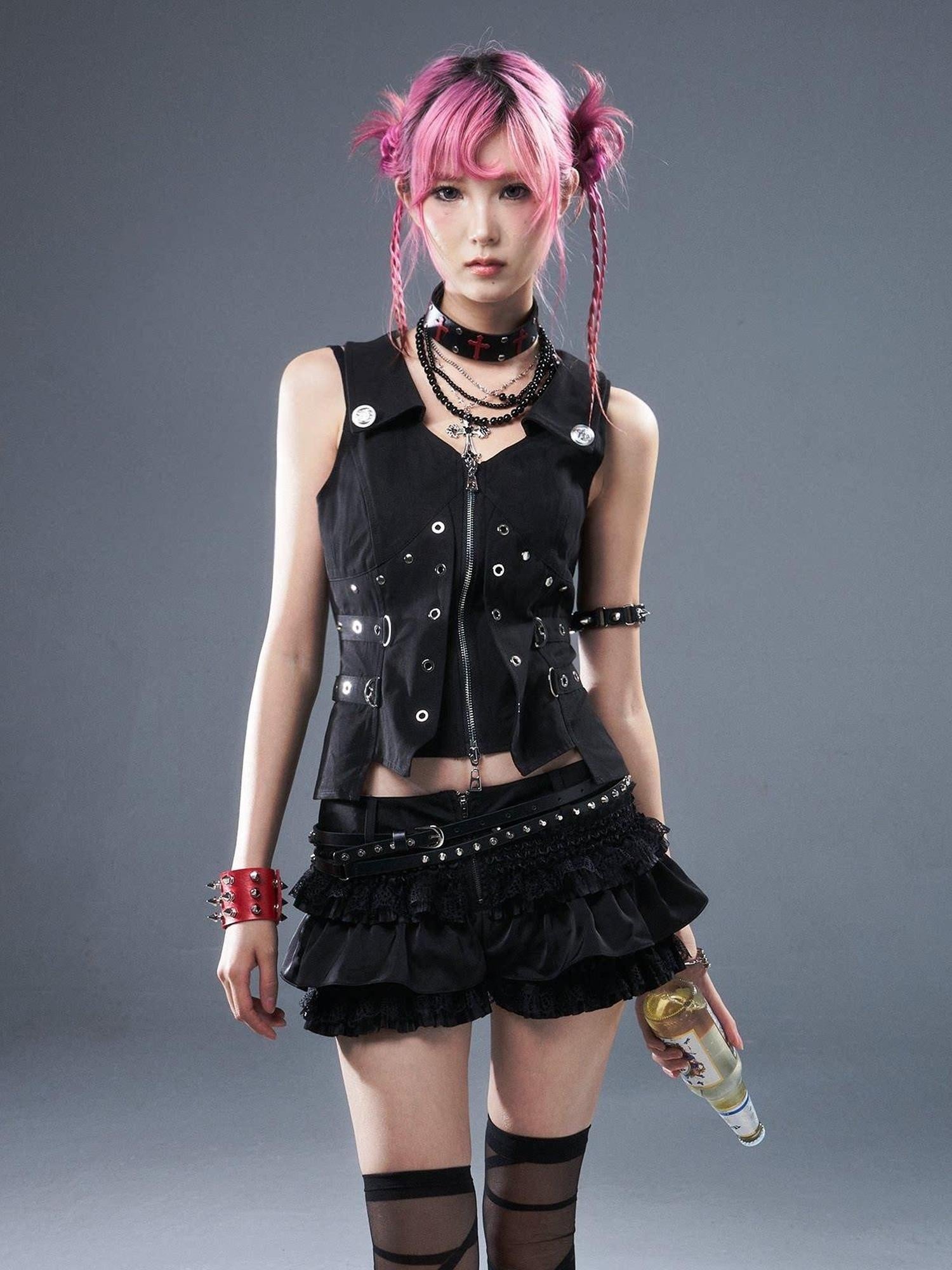 Frustration Garden Original Zipper Low Waist Pleated Skort Women Black Belt Mini Skirts