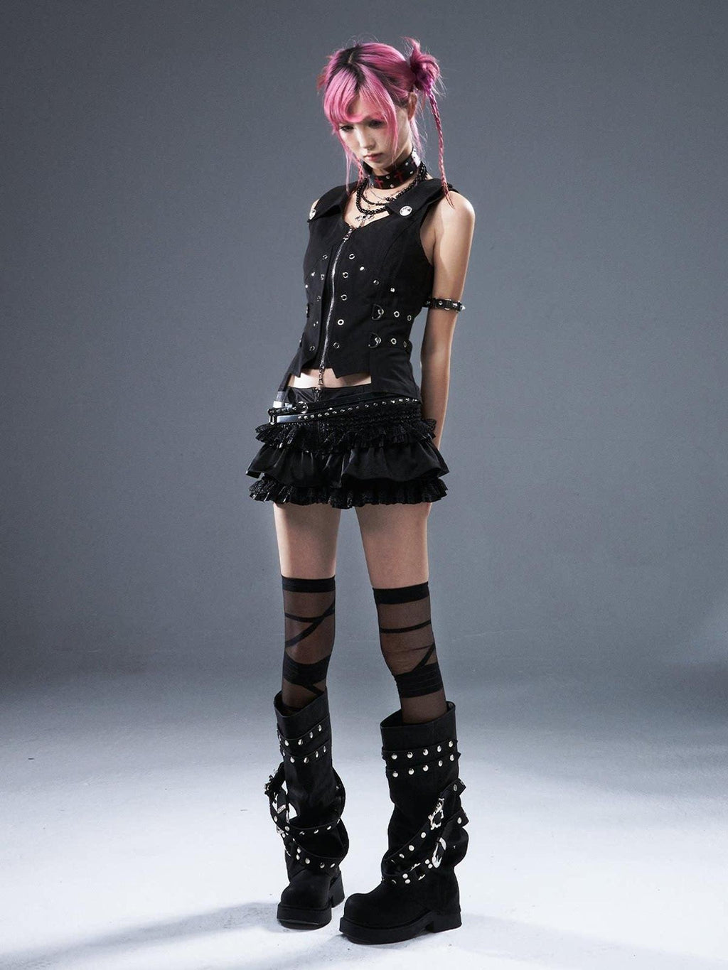 Frustration Garden Original Zipper Low Waist Pleated Skort Women Black Belt Mini Skirts