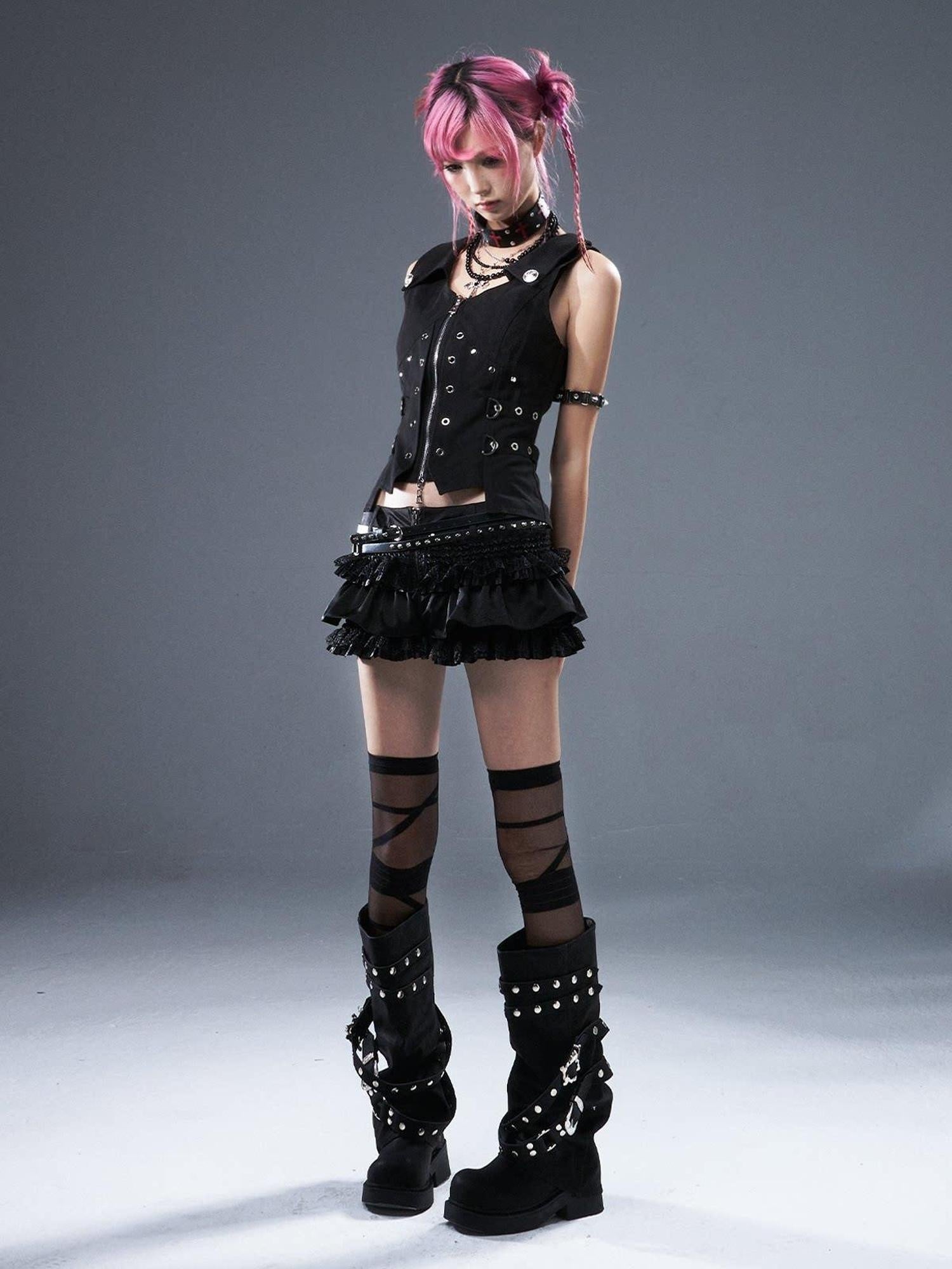 Frustration Garden Original Zipper Low Waist Pleated Skort Women Black Belt Mini Skirts