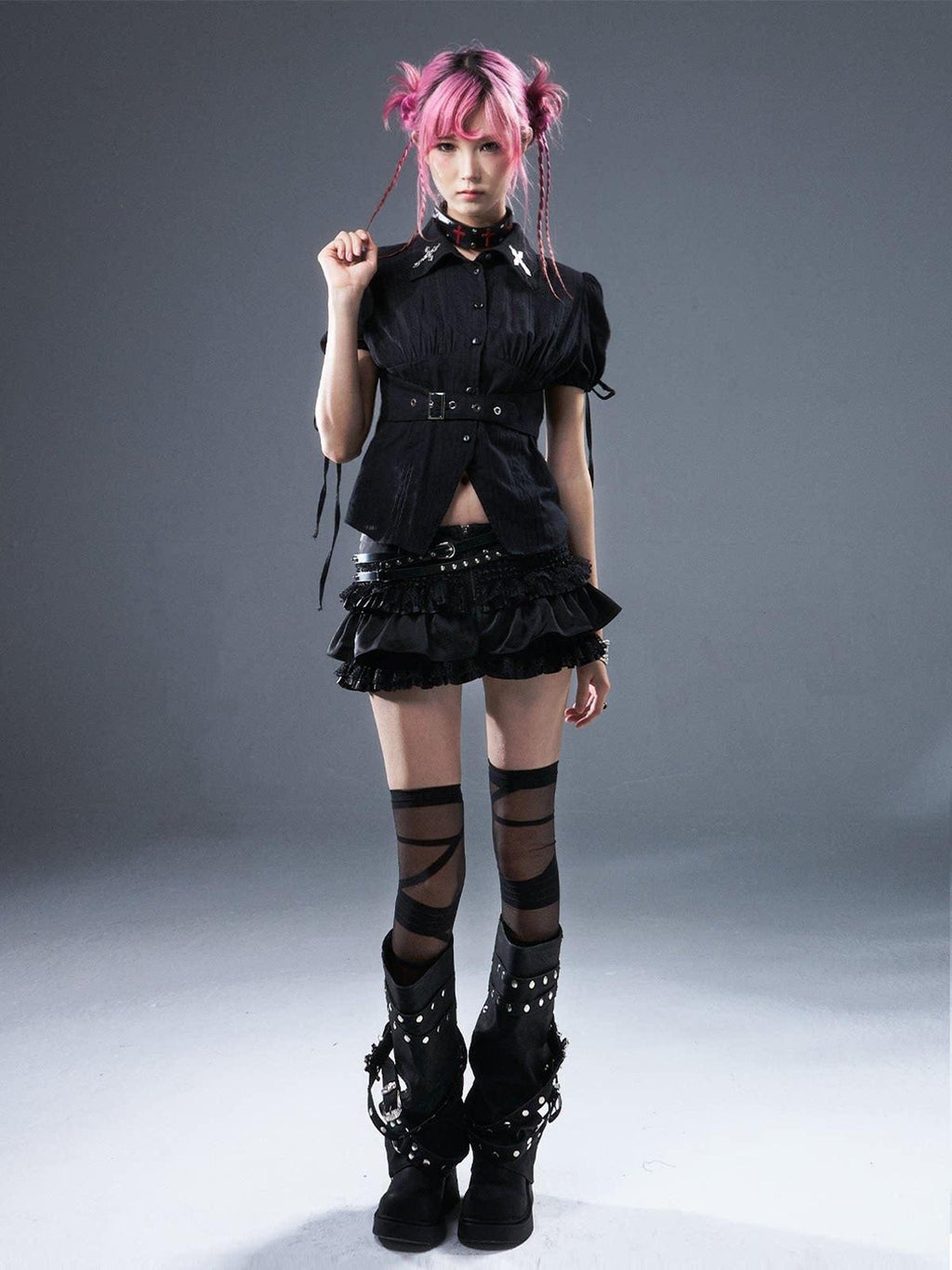 Frustration Garden Original Zipper Low Waist Pleated Skort Women Black Belt Mini Skirts
