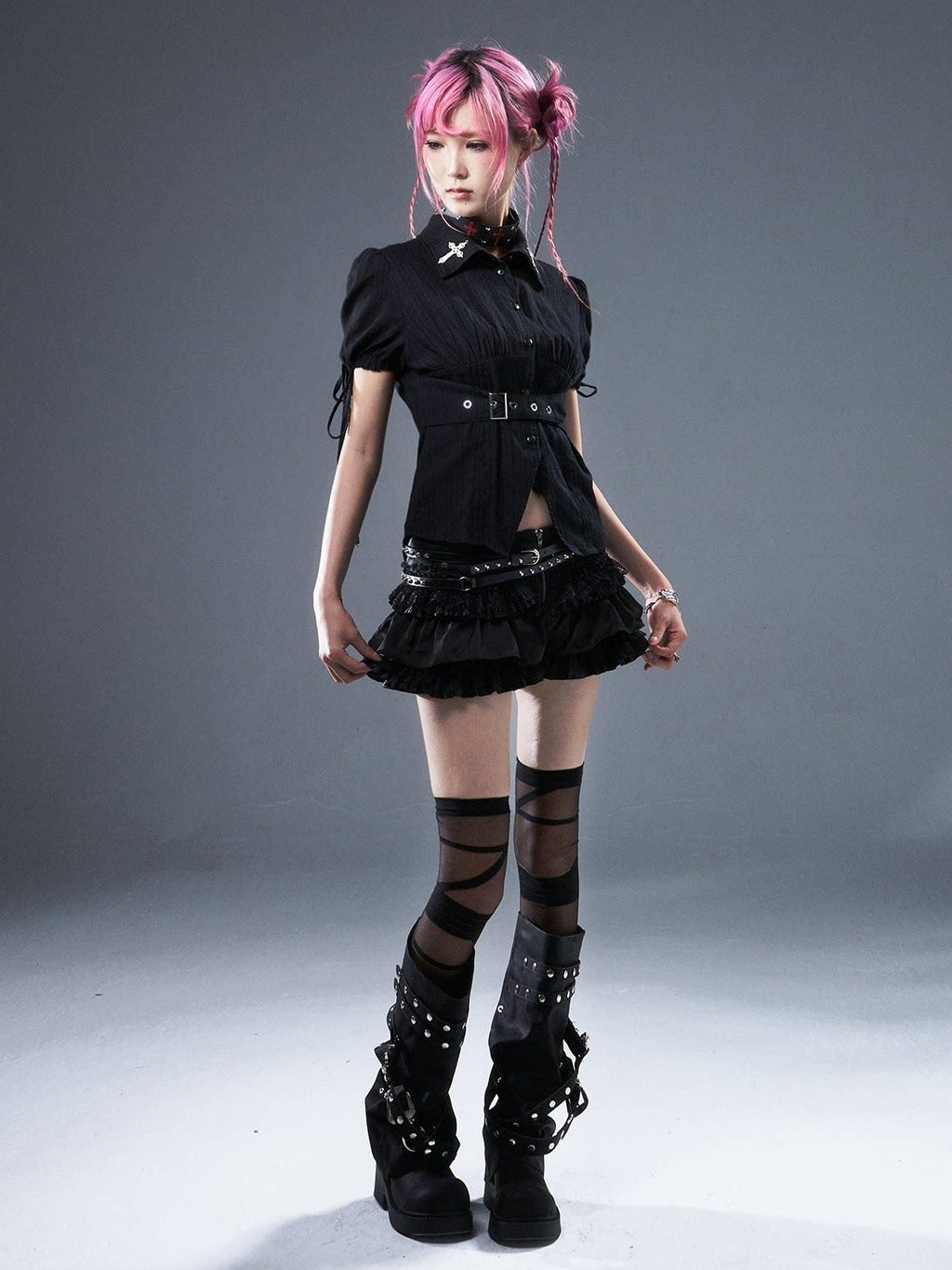 Frustration Garden Original Zipper Low Waist Pleated Skort Women Black Belt Mini Skirts