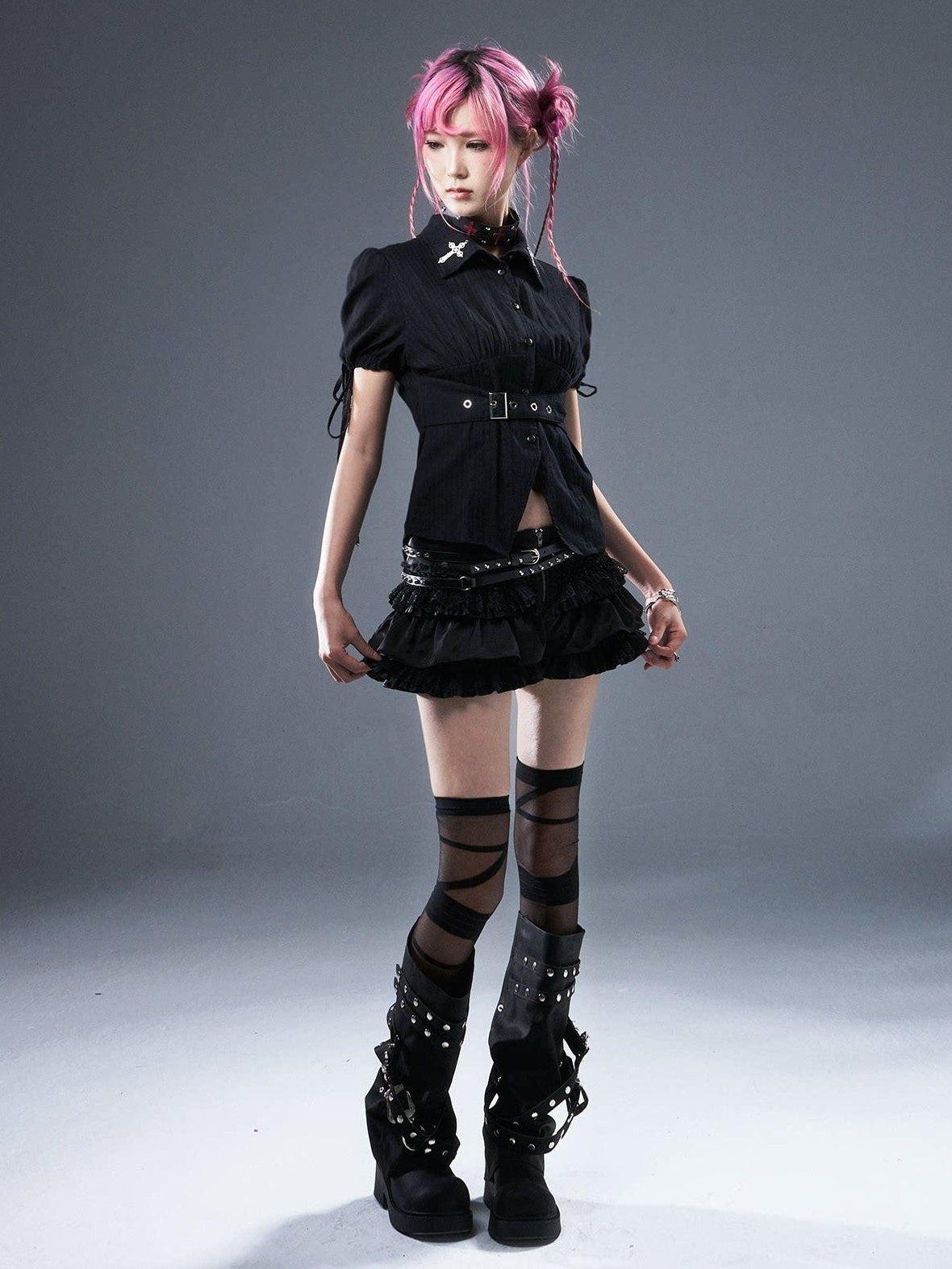 Frustration Garden Original Zipper Low Waist Pleated Skort Women Black Belt Mini Skirts