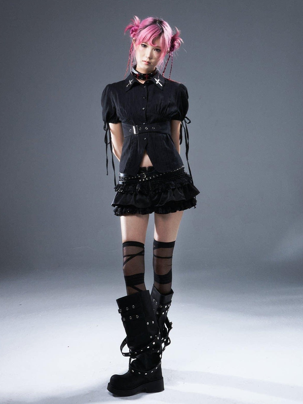 Frustration Garden Original Zipper Low Waist Pleated Skort Women Black Belt Mini Skirts