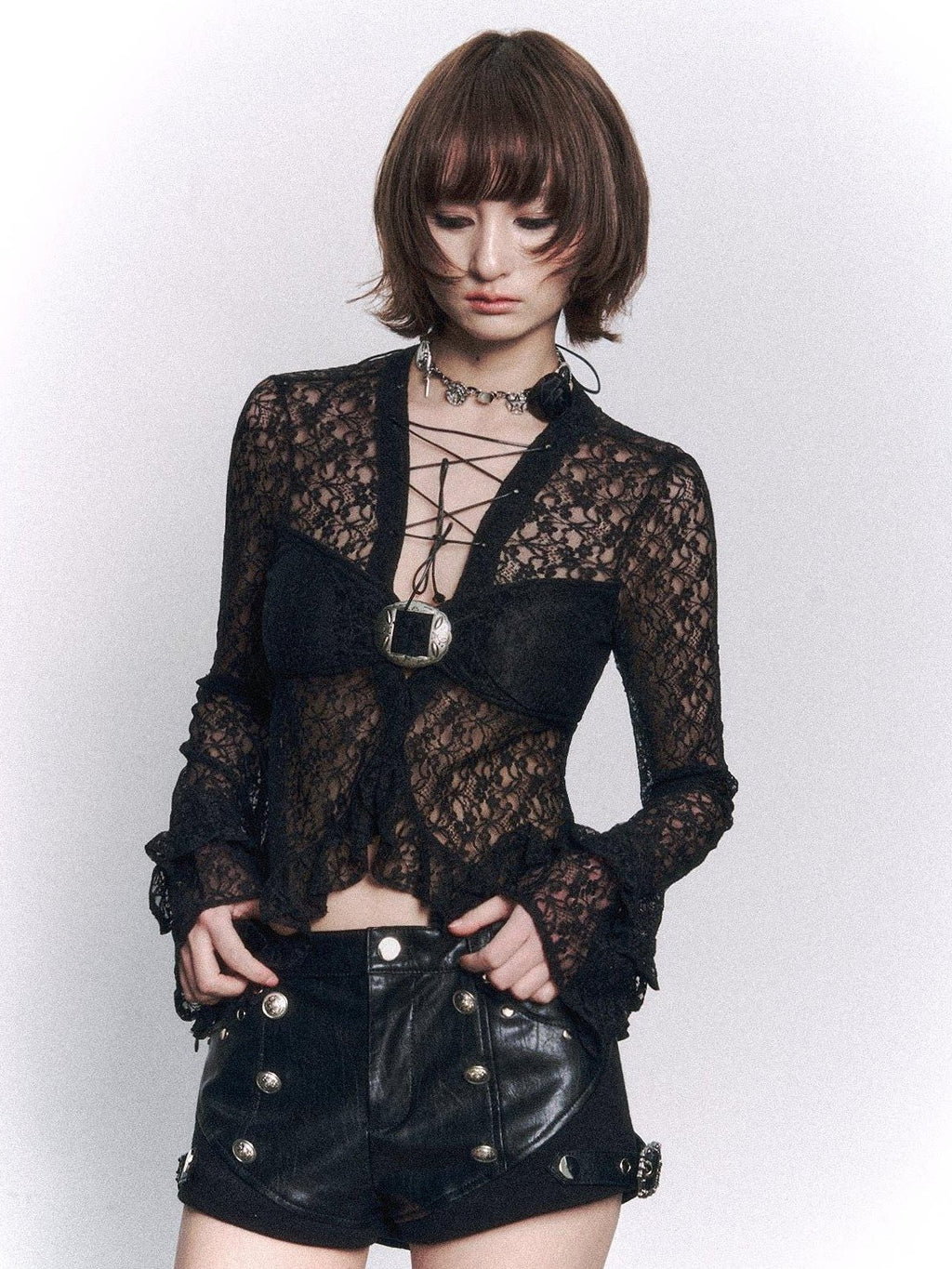 Frustration Garden Pu Leather Punk Low Waist Button Detail Slim Fit Women Black Short Trousers