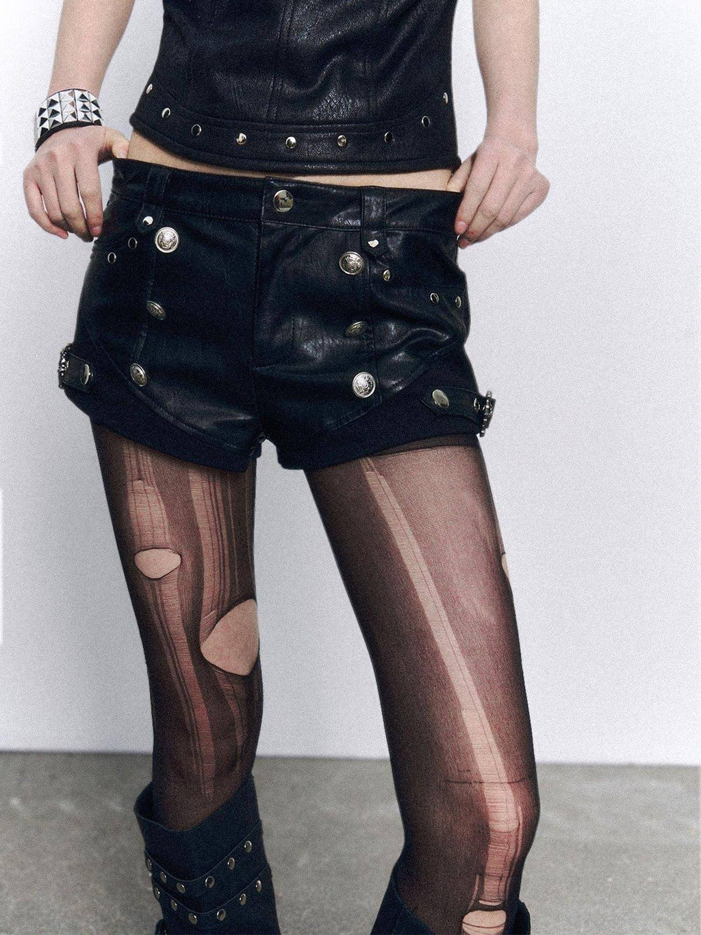 Frustration Garden Pu Leather Punk Low Waist Button Detail Slim Fit Women Black Short Trousers