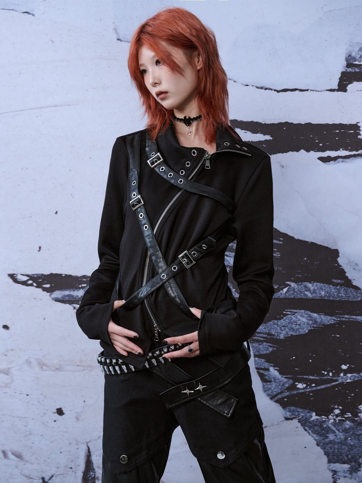 Frustration_Garden_Punk_Slim_Fit_3D_Asymmetrical_High_Neck_Zipper_Black_Women_Long_Sleeve_T-Shirts_MISSTT
