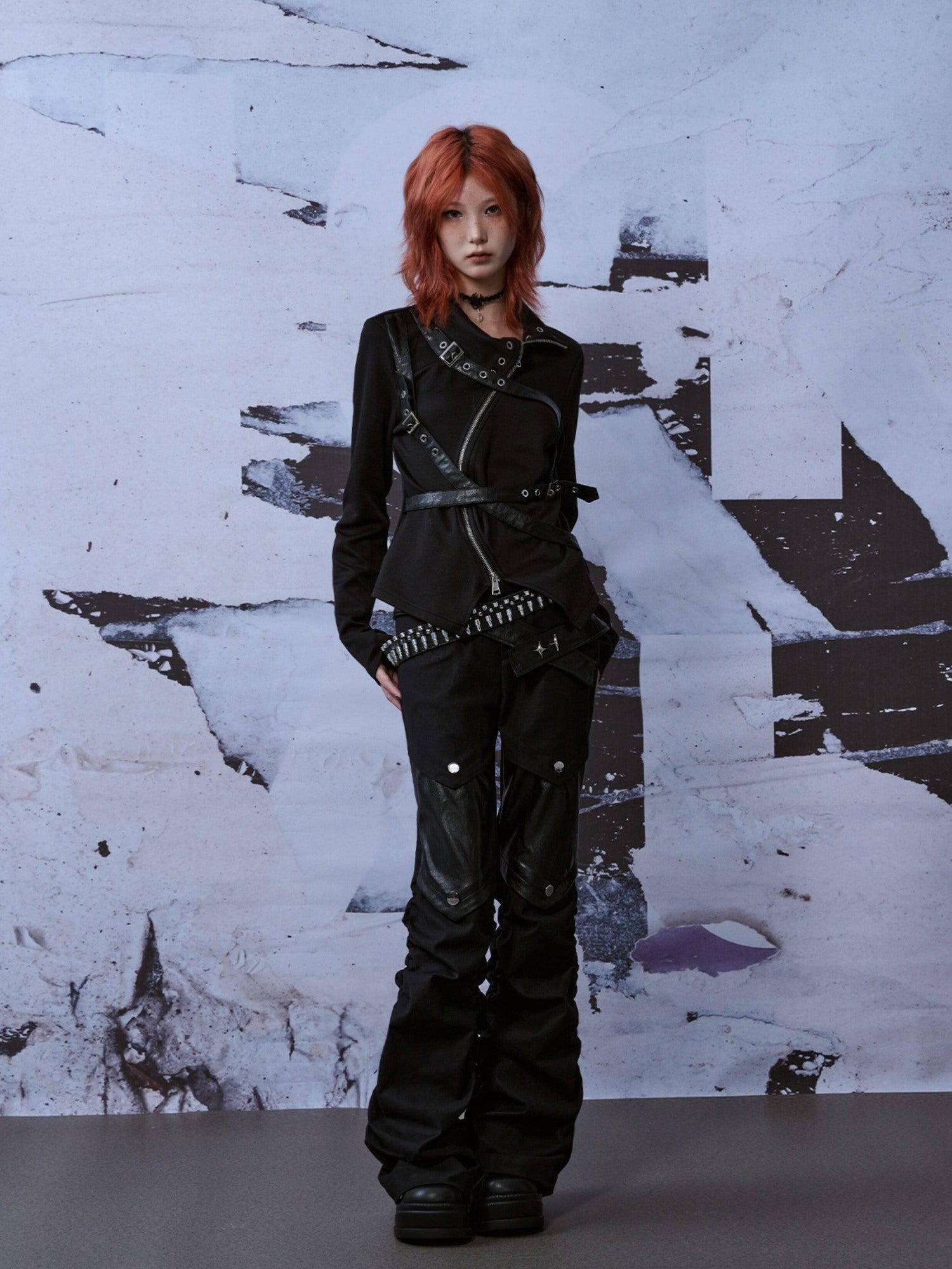Frustration Garden Punk Slim Fit 3D Asymmetrical High Neck Zipper Black Women Long Sleeve T-Shirts
