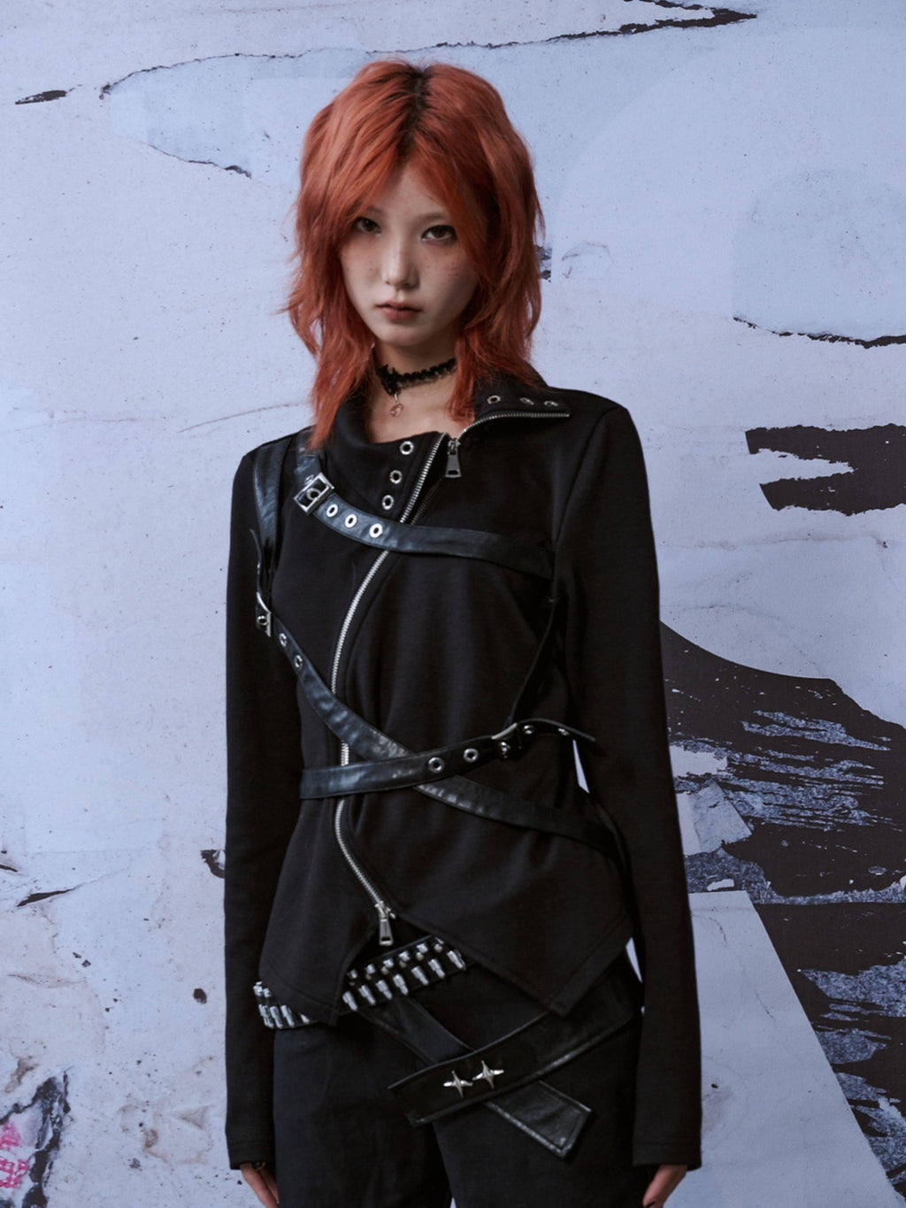 Frustration Garden Punk Slim Fit 3D Asymmetrical High Neck Zipper Black Women Long Sleeve T-Shirts