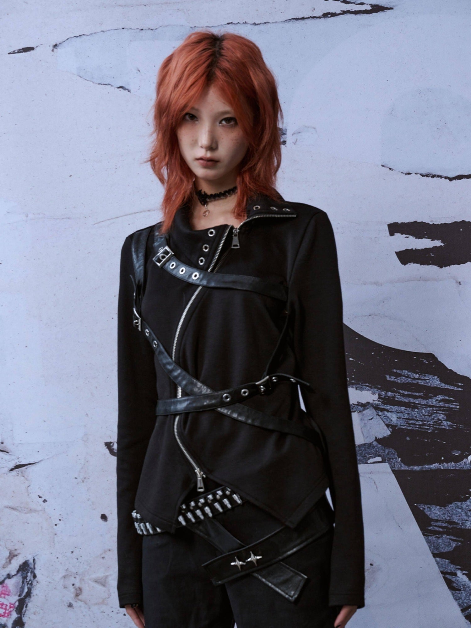 Frustration Garden Punk Slim Fit 3D Asymmetrical High Neck Zipper Black Women Long Sleeve T-Shirts