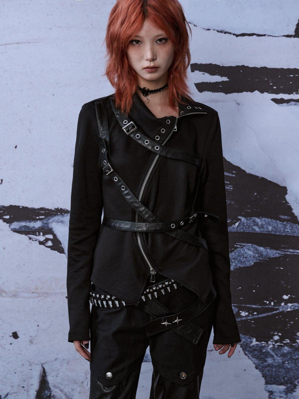 Frustration Garden Punk Slim Fit 3D Asymmetrical High Neck Zipper Black Women Long Sleeve T-Shirts