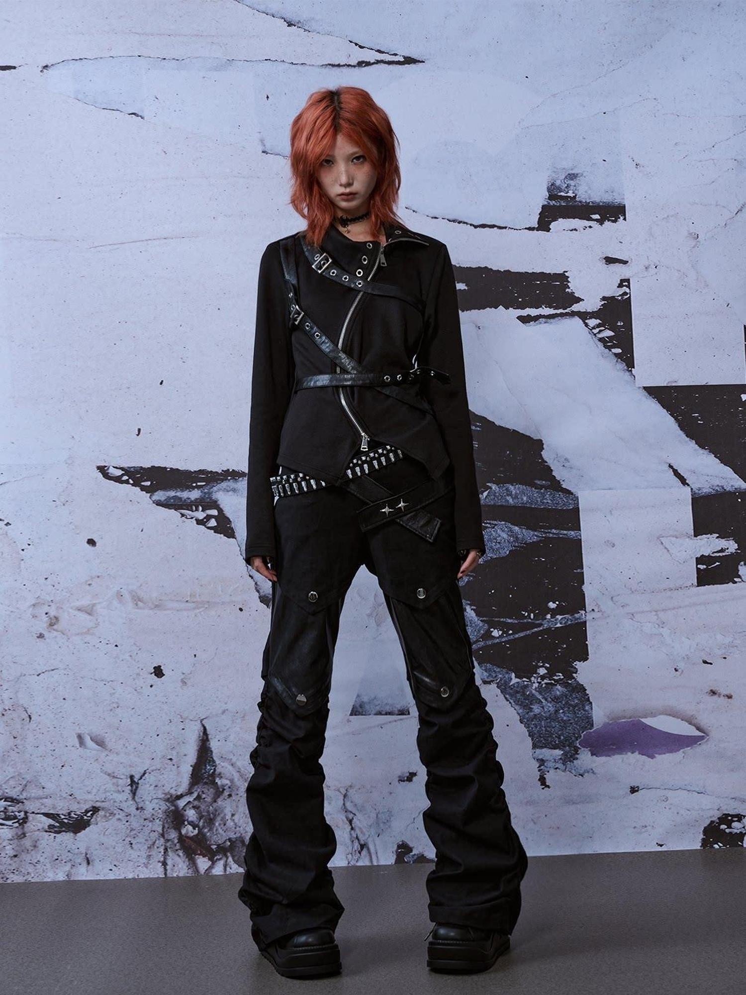 Frustration Garden Punk Slim Fit 3D Asymmetrical High Neck Zipper Black Women Long Sleeve T-Shirts
