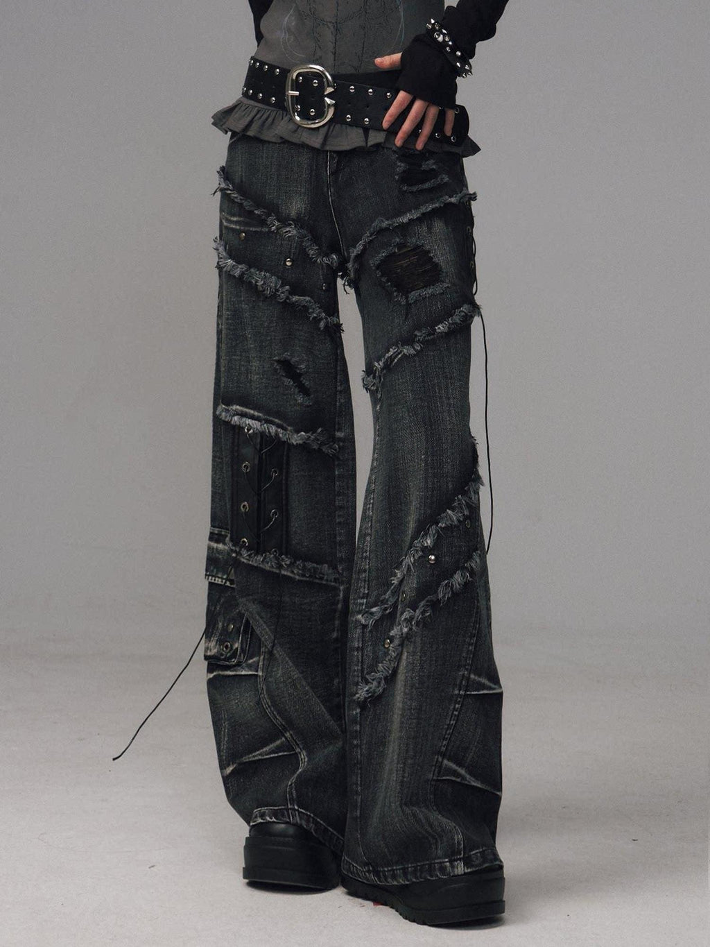 Frustration Garden Raw Hem Asymmetric Street Style Natural Waist Women Black Grey Wide-Leg Jeans