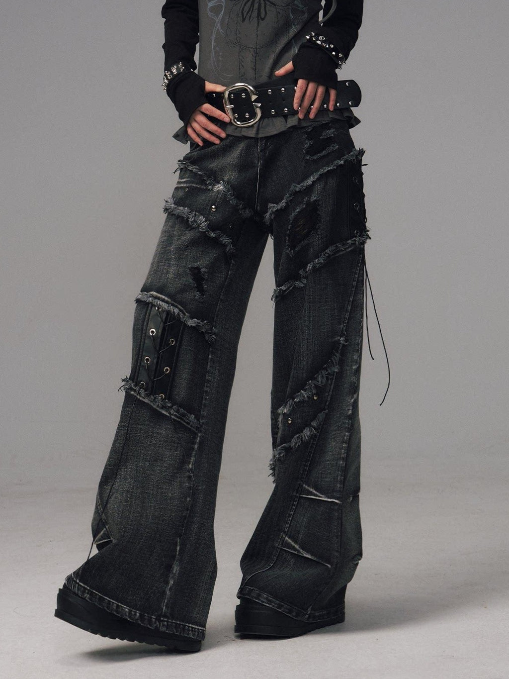 Frustration Garden Raw Hem Asymmetric Street Style Natural Waist Women Black Grey Wide-Leg Jeans