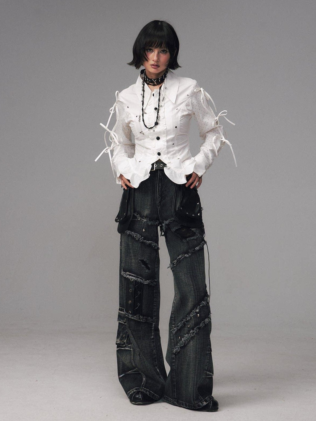 Frustration Garden Raw Hem Asymmetric Street Style Natural Waist Women Black Grey Wide-Leg Jeans
