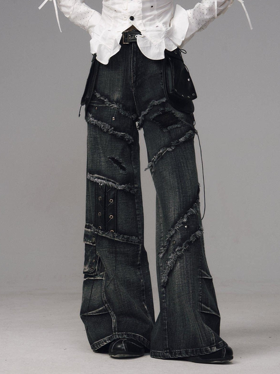 Frustration Garden Raw Hem Asymmetric Street Style Natural Waist Women Black Grey Wide-Leg Jeans